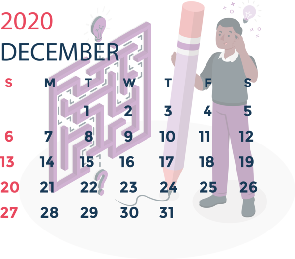 Transparent New Year Design Purple Font for Printable 2020 Calendar for New Year